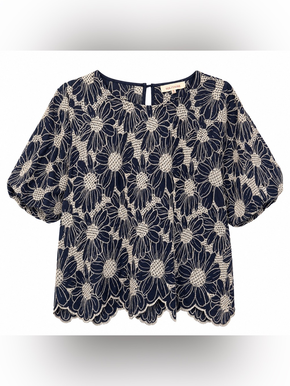 Solitaire Cotton Blend Navy and Cream Floral Lace Top- M